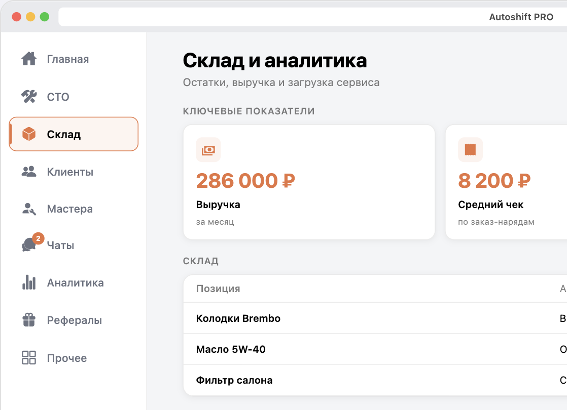 Склад и аналитика в веб-версии Autoshift PRO